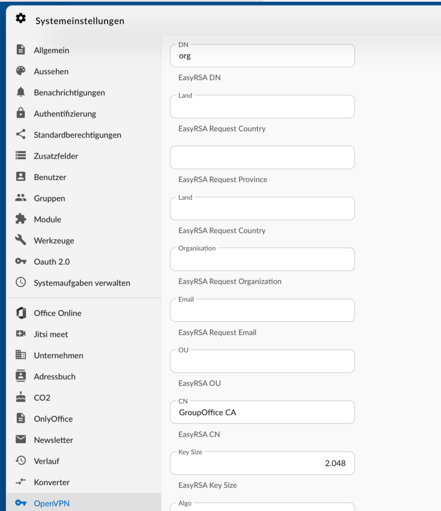 OpenVPN-Modul Systemeinstellungen in Group-Office